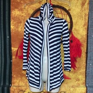 HAANI-women’s blue stripe 3/4 sleeve hooded open cardigan sweater